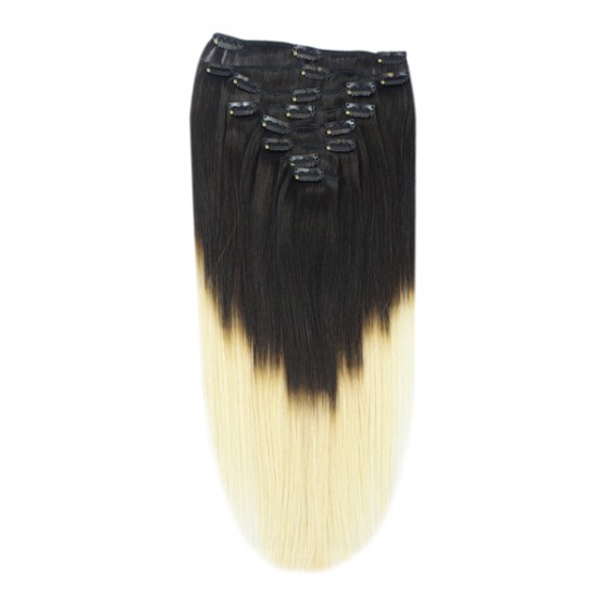 Remy Human Hair extensions Double Weft straight - zwart / blond T1B/60#