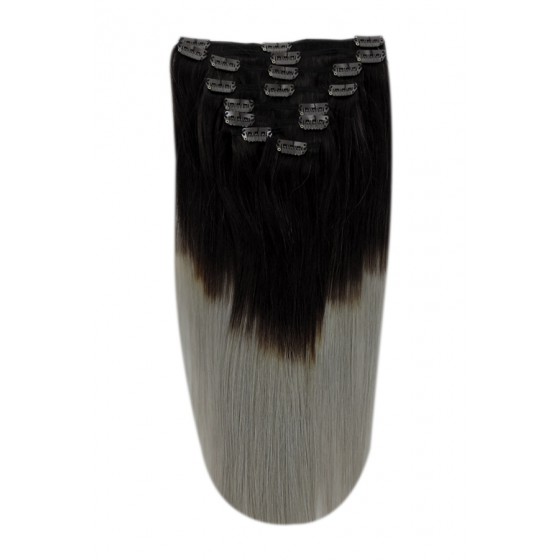Remy Human Hair extensions straight - zwart / silver grey T1B/SG