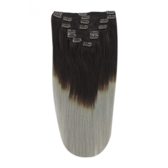 Remy Human Hair extensions Double Weft straight - bruin / grijs T2/SG#