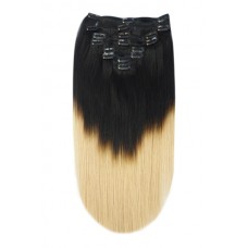 Remy Human Hair extensions Double Weft straight - zwart / blond T1/27#